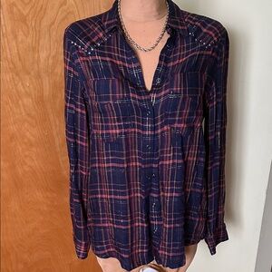 Guess Navy and Red Plaid Button-Down Shirt